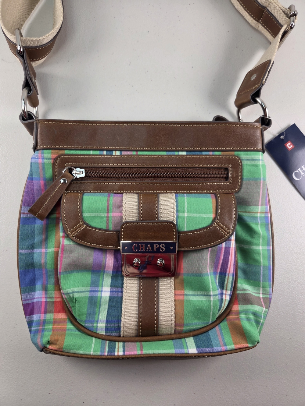 NWT Vintage Chaps Crossbody Plaid Green Blue Pink Canvas Strap 40"L/9"Hx9"W